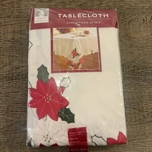 Winter Wonderland Christmas Spirit Tablecloth Ivory Poinsettia 60” x 85” Oblong